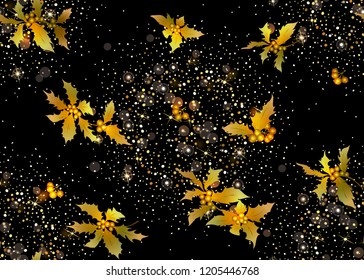 Seamless pattern, background with branches of holly.  Vector illustration in gold colors. on black background.
