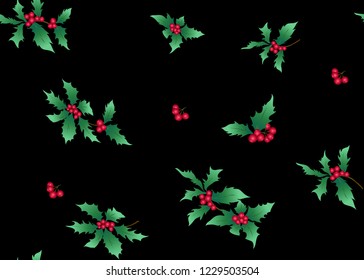 Seamless pattern, background with branches of holly.  Vector illustration. isolated  on black background.
