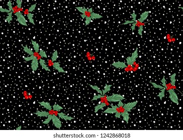 Seamless pattern, background with branches of holly.  Colored vector illustration. On black background with dots.