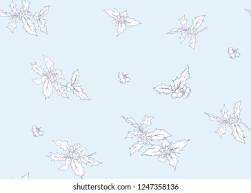 Seamless pattern, background with branches of holly.  Outline hand drawing vector illustration.
