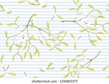 Seamless pattern, background with the branches of mistletoe. On blue and white stripes background.. Colored vector illustration. 