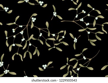 Seamless pattern, background with the branches of mistletoe. Isolated on black background. Colored vector illustration. 