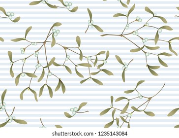 Seamless pattern, background with the branches of mistletoe. On blue and white stripes background.. Colored vector illustration. 