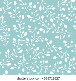 Seamless pattern background. Branches silhouette with leaves and buds. Vector illustration.