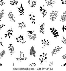 Seamless pattern background with  branches, twigs with leaves, berries. Floral botanical elements. Hand drawn line vector illustration.