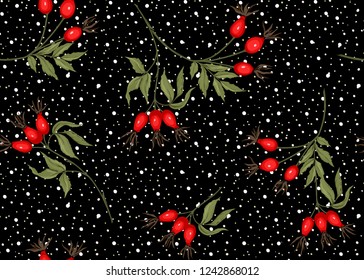 Seamless pattern, background with branches and wild rose berries. On black background with dots. Colored vector illustration.
