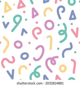 Nahtlose Muster-Hintergrund mit hellsüßen Memphis-Elementen - Linien, Dreiecke, Kreise, wirbelnde Winkel