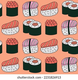 Seamless pattern background with bright cute sushi hand drawn doodles. Contour drawing with outline, asian food vector illustration backdrop, print, wallpaper