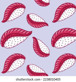 Seamless pattern background with bright cute sushi hand drawn doodles. Asianfood. Contour drawing with outline, asian food vector illustration backdrop, print, wallpaper
