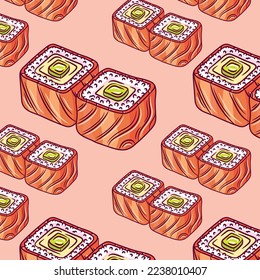 Seamless pattern background with bright cute sushi hand drawn doodles. Asianfood. Contour drawing with outline, asian food vector illustration backdrop, print, wallpaper