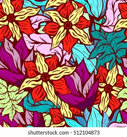 Seamless pattern background with bright floral pattern of hand drawn doodle flowers. Good for wallpaper or textile