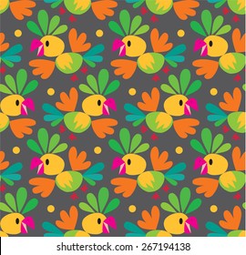 Seamless pattern or background with bright funny parrots