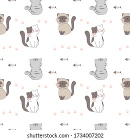 Seamless pattern background brown cat on white for print,fabric,card.Doodle cartoon style.