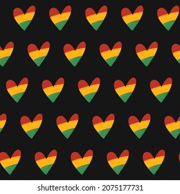 Seamless pattern background with brush artistic grunge textured heart in colors of Pan African flag. African American flag backdrop for Kwanzaa, Juneteenth, Black History month design.