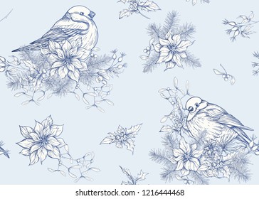 Seamless pattern, background with bullfinch on a branch of a coniferous tree.  Graphic drawing, engraving style. vector illustration.