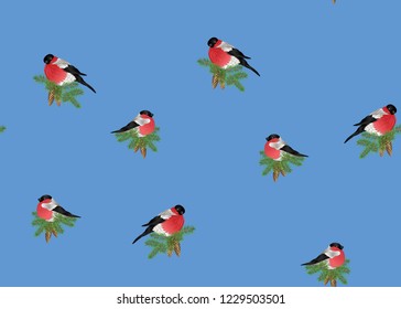 Seamless pattern, background with Bullfinch on a branch of pine with a cone. Colored vector illustration. On blue background.
