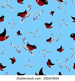 Seamless pattern background with bullfinches sitting on rowan branches with berries. Vector illustration.