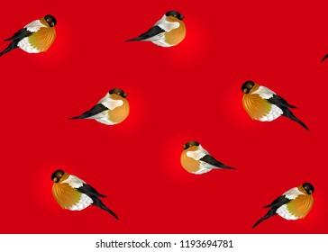 Seamless pattern, background with  bullfinchs.  Colored vector illustration. On red background.
