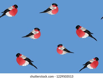 Seamless pattern, background with  bullfinchs.  Colored vector illustration. On blue background.
