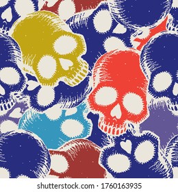 Seamless pattern, background with a bunch of skulls of different colors. Hand drawn. Vector Illustration.