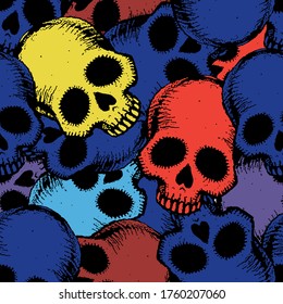 Seamless pattern, background with a bunch of skulls of different colors. Hand drawn. Vector Illustration.