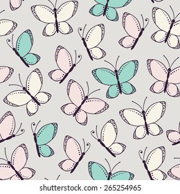 Seamless pattern background with butterflies. Adorable outline vector illustration