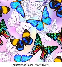 Seamless pattern, background with butterflies on vanilla background.   Hand drawn colorful vector illustration without transparent and gradients.