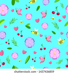 Seamless pattern and background with  butterflys, bees and flowers for prints. Vector illustration.