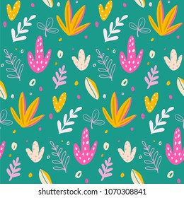 Seamless pattern and background, cacti, palm leavs, jungle flowers