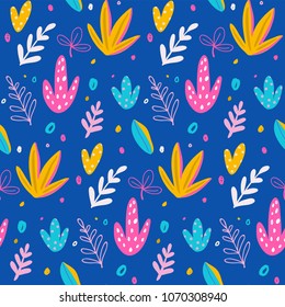 Seamless pattern and background, cacti, palm leavs, jungle flowers