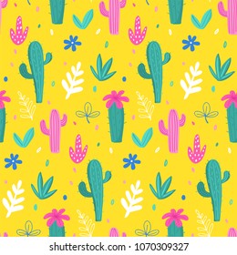 Seamless pattern and background, cacti, palm leavs, jungle flowers