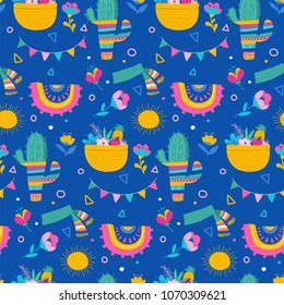 Seamless pattern and background, cacti, palm leavs, jungle flowers, Mexican fiesta background