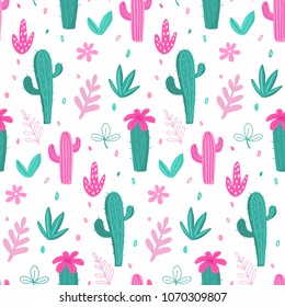 Seamless pattern and background, cacti, palm leavs, jungle flowers