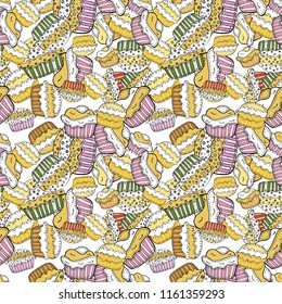 Seamless pattern. Seamless background cakes. Vector illustration. Watercolor illustration. Cupcake, macaron, shortbread. Cute birthday background on white, yellow and black.