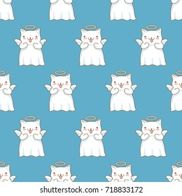 Seamless pattern background with cartoon cats pictured as a little angels with wings and halo in japanese kawaii style on blue background. Vector illustration.