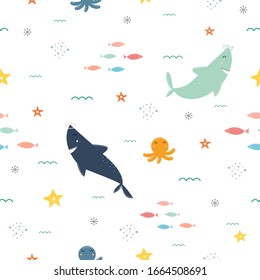 Seamless pattern background Cartoon characters an undersea creature with sharks, starfish, design concepts used for printing, gift wrapping, children's clothing, textiles, vector illustration