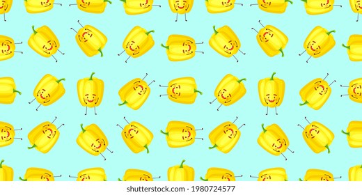 Seamless pattern background with cartoon red bell pepper characters for cooking and harvest design.