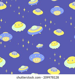seamless pattern background with cartoon ufo spaceship in vector