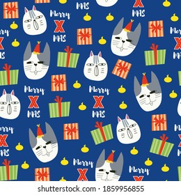 Seamless pattern background with cat face and gift box