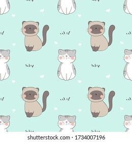 Seamless pattern background cat on green for print,fabric,card.Doodle cartoon style.