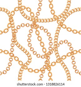 Seamless pattern background with chains golden metallic necklace. On white. Vector illustration.