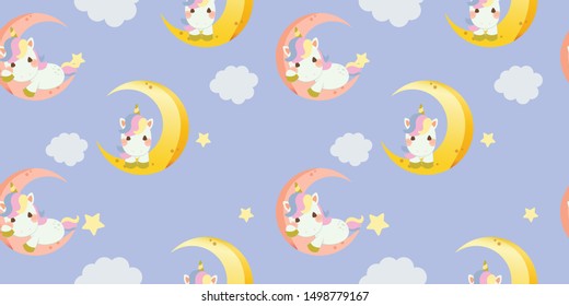 The seamless pattern background of character of cute rainbow unicorn sitting on the moon in the blue background with star in vector style.