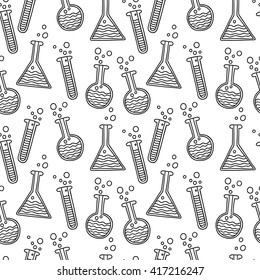Seamless pattern background with chemistry potions. Science and medicine black and white lineart vector illustration. Back to school