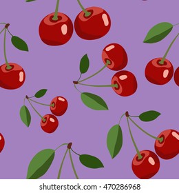 Seamless pattern background cherry red ripe berrie. Purple background