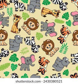 Seamless pattern background of children's cartoon jungle and African animals. Zoo, Zebra, Giraffe, Lion, Rhino.
