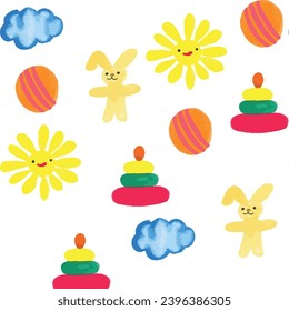 seamless pattern background children's toys elements sun bunny pyramid cloud children's drawings isolated on a white background