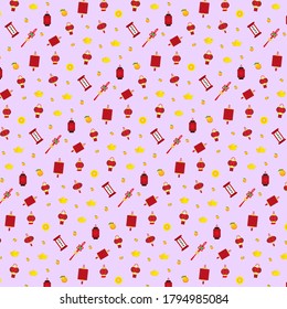 Seamless pattern background of Chinese New Year. Lantern, yuanbao, lion dance, coin, etc. Happy Chinese New Year.