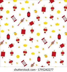 Seamless pattern background of Chinese New Year. Lantern, yuanbao, lion dance, coin, etc. Happy Chinese New Year.
Translation: Wish you prosperity!