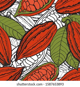 Seamless pattern and background of chocolate brown cocoa beans in pods and with seeds, hand drawn vector illustration for printing on fabric and textile.