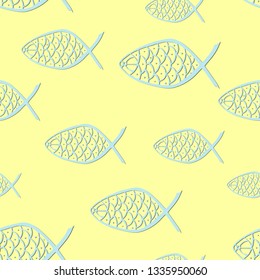 Seamless Pattern Background with Christian Fish Symbols made in Zentangle Doodle Style. Ornated Blue Jesus Fish Placed on the Yellow Background. Seamless Background to Easter Holidays.